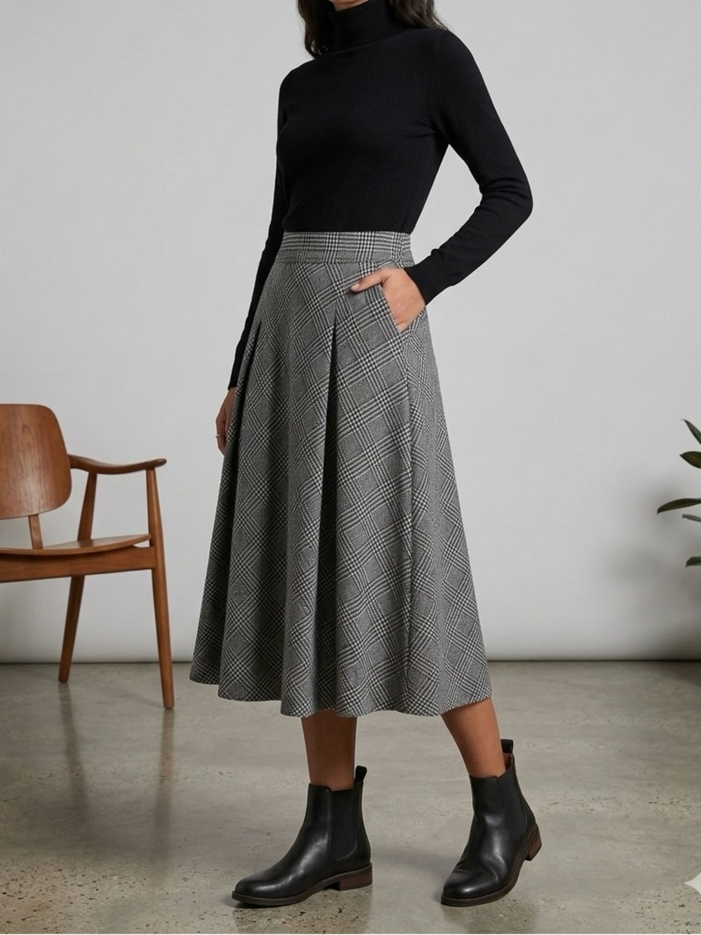 HALARA Black & Grey Plaid Pleated Midi Skirt - Picture 1 of 5